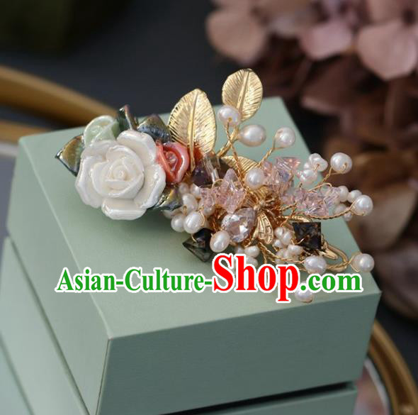 Handmade Retro White Rose Hair Claw Top Grade Hair Accessories Hair Stick Beads Hair Pin for Women