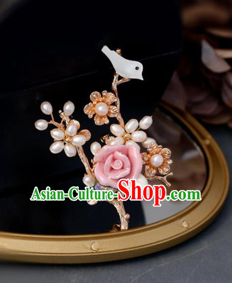 Top Grade Classical Pink Rose Bird Brooch Accessories Handmade Cheongsam Pearls Breastpin for Women