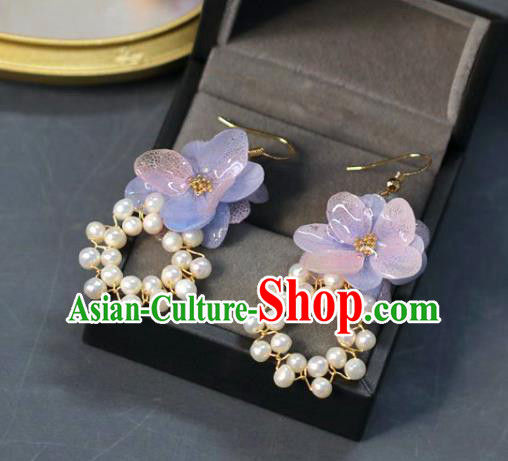 Princess Handmade Blue Flower Earrings Classical Pearl Eardrop Fashion Jewelry Accessories for Women