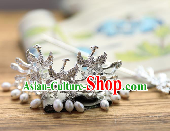 Chinese Traditional Ancient Princess Argent Phoenix Pearls Tassel Hair Crown and Hairpin Hair Clip Hanfu Hair Accessories Headwear for Women