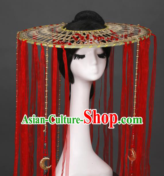 Chinese Traditional Ancient Female Swordsman Headwear Handmade Hanfu Red Silk Ribbon Tassel Bamboo Hat for Women