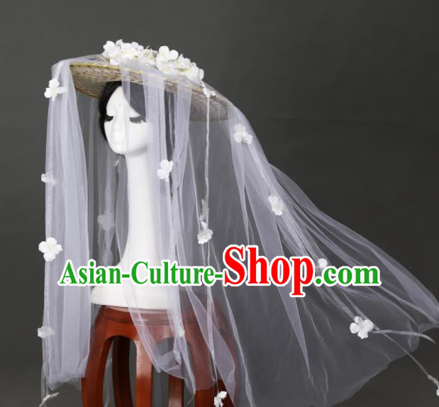 Chinese Traditional Ancient Goddess Princess Headwear Handmade Hanfu White Flowers Veil Bamboo Hat for Women
