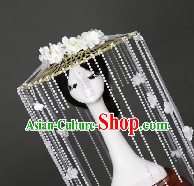Chinese Traditional Ancient Goddess Princess Headwear Handmade Hanfu White Flowers Beads Tassel Bamboo Hat for Women