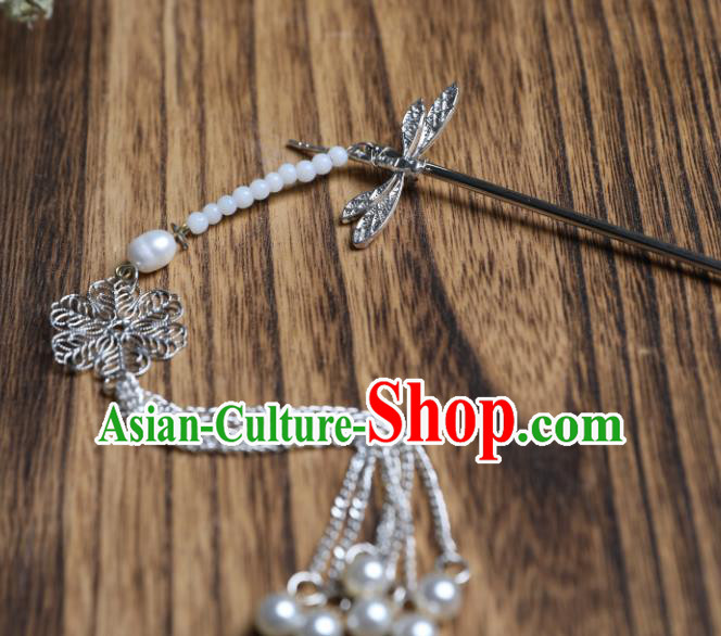 Chinese Traditional Ancient Princess Argent Dragonfly Hair Clip Hanfu Hair Accessories Headwear Tassel Hairpin for Women