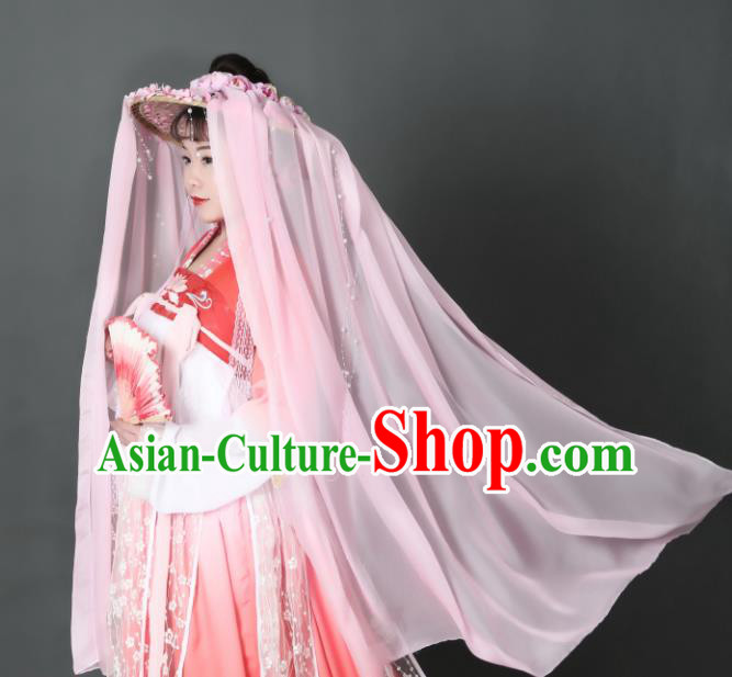 Chinese Traditional Ancient Goddess Headwear Handmade Hanfu Female Swordsman Pink Roses Veil Bamboo Hat