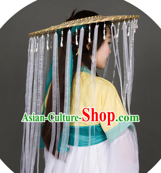 Chinese Traditional Ancient Goddess Beads Tassel Headwear Handmade Hanfu Female Swordsman White Ribbon Bamboo Hat