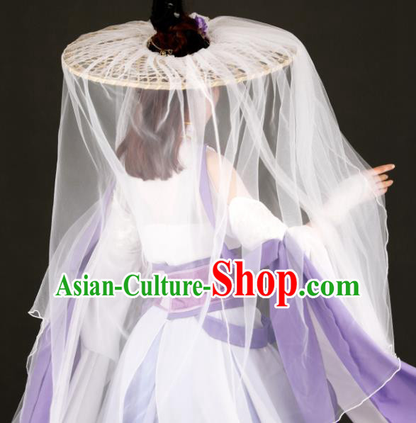 Chinese Traditional Ancient Princess Headwear Handmade Hanfu Female Swordsman White Veil Bamboo Hat