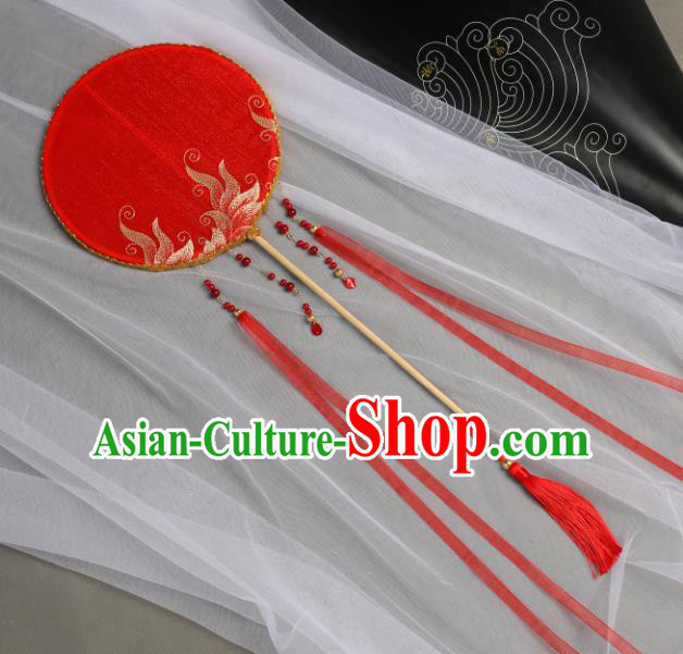 Chinese Handmade Hanfu Red Ribbon Silk Fan Accessories Decoration Traditional Ancient Princess Palace Fan for Women