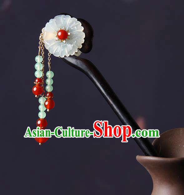 Chinese Traditional Cloisonne Hsiuyen Jade Flower Hairpins Hair Accessories Decoration Handmade Hair Accessories Ebony Hair Clip for Women