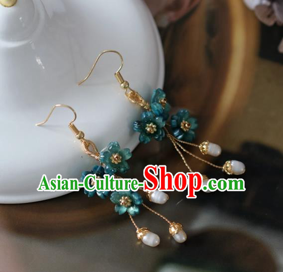 Princess Handmade Blue Flowers Earrings Classical Pearls Eardrop Fashion Jewelry Accessories for Women
