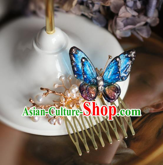 Handmade Retro Blue Butterfly Hair Comb Top Grade Hair Accessories Hair Stick Pearls Hair Pin for Women