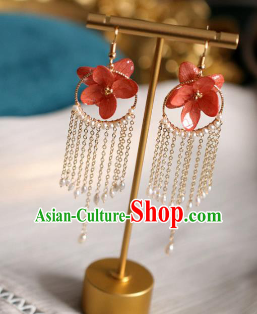 Princess Handmade Red Flower Earrings Fashion Jewelry Accessories Classical Pearls Tassel Eardrop for Women