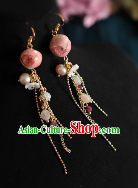 Princess Handmade Golden Tassel Earrings Fashion Jewelry Accessories Classical Pink Preserved Flower Eardrop for Women