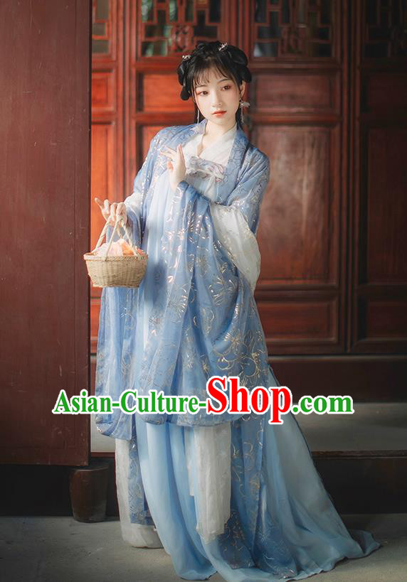 Chinese Tang Dynasty Princess Blue Cape Blouse and Dress Traditional Hanfu Garment Ancient Noble Female Historical Costumes Full Set