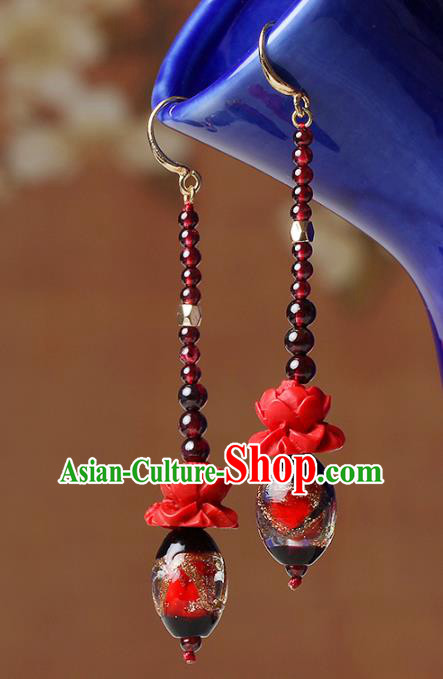 Traditional Chinese Garnet Beads Ear Accessories Handmade Eardrop National Cheongsam Red Rose Earrings for Women