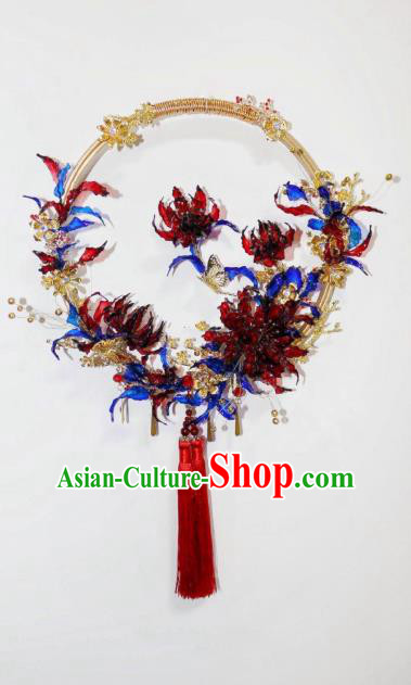 Top Grade Chinese Classical Wedding Round Fan Accessories Handmade Ancient Bride Red Spider Lily Palace Fans for Women