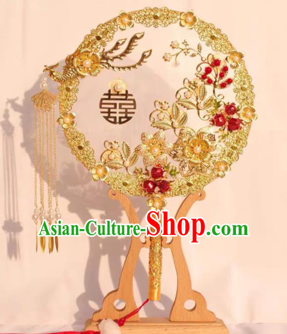 Top Grade Chinese Classical Wedding Golden Round Fan Accessories Handmade Ancient Bride Phoenix Tassel Palace Fans for Women