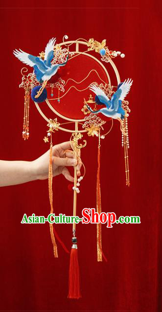 Top Grade Chinese Classical Wedding Cranes Plum Round Fan Accessories Handmade Ancient Bride Red Palace Fans for Women