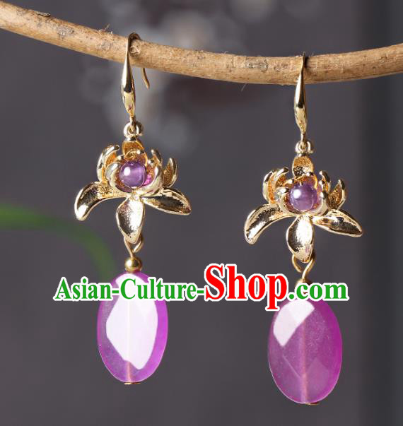 Traditional Chinese Lotus Ear Accessories Handmade Eardrop National Cheongsam Violet Earrings for Women