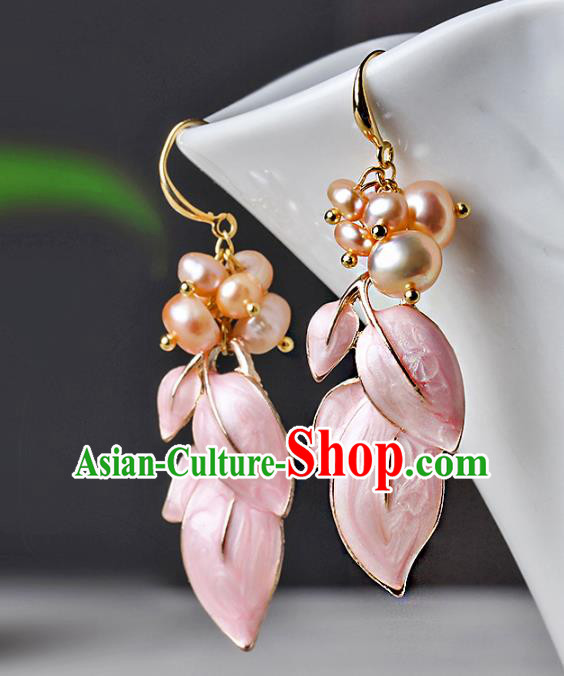 Traditional Chinese Pink Leaf Ear Accessories Handmade Eardrop National Cheongsam Pearls Earrings for Women