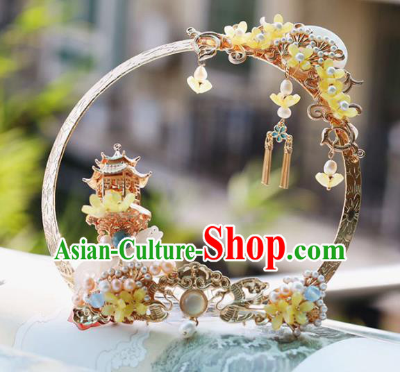 Handmade Chinese Palace Hair Crown Classical Hair Accessories Ancient Princess Hanfu Yellow Fragrans Hairpins Headwear for Women