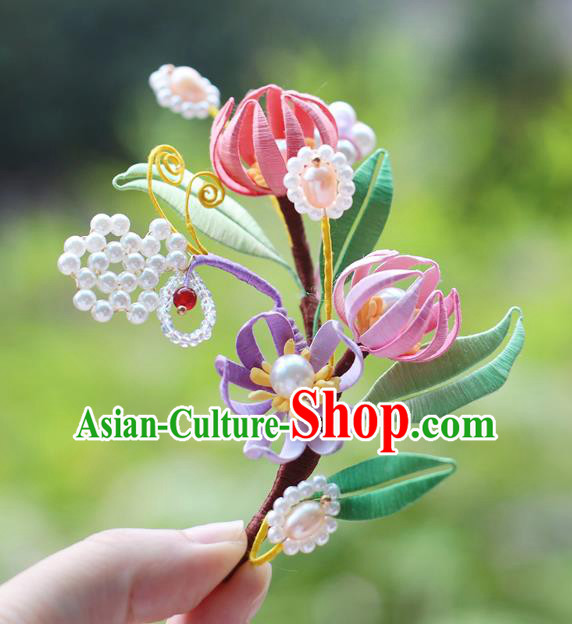 Handmade Chinese Classical Pearls Hair Accessories Ancient Princess Silk Flowers Hairpins Hanfu Headwear for Women