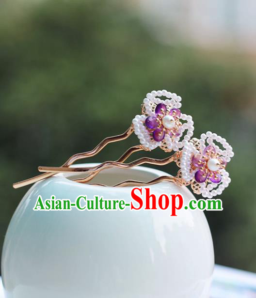 Handmade Chinese Classical Purple Flower Hair Accessories Traditional Hanfu Headwear Ancient Princess Beads Hairpins for Women