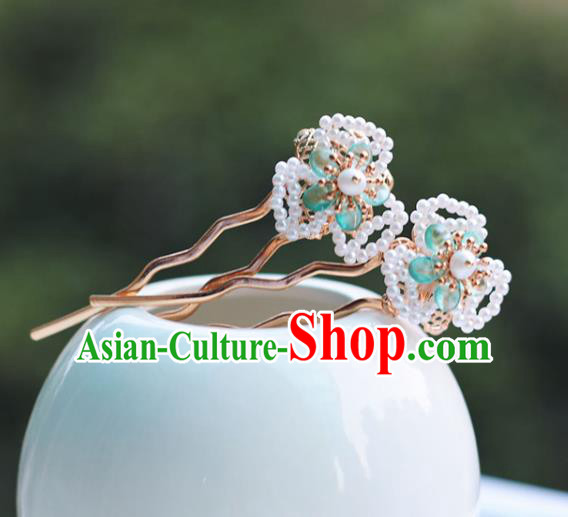 Handmade Chinese Classical Green Flower Hair Accessories Traditional Hanfu Headwear Ancient Princess Beads Hairpins for Women