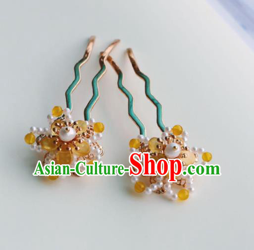 Handmade Chinese Classical Yellow Flower Hair Accessories Traditional Hanfu Headwear Ancient Princess Beads Hairpins for Women