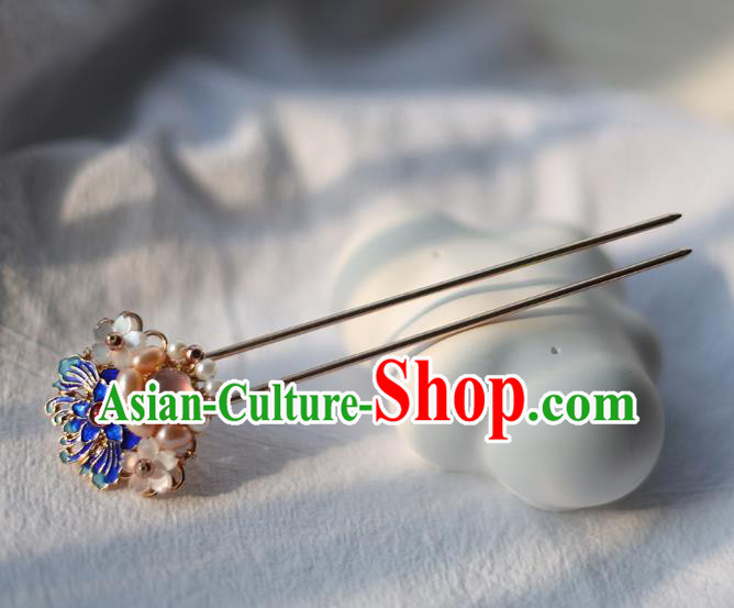 Handmade Chinese Classical Ming Dynasty Cloisonne Lotus Hair Accessories Traditional Hanfu Headwear Ancient Princess Pearls Hairpins for Women