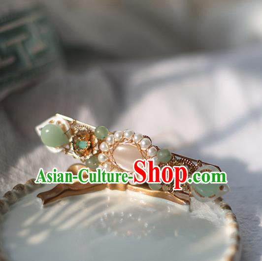 Handmade Chinese Tang Dynasty Green Stone Opal Hair Clip Traditional Classical Hanfu Hair Accessories Ancient Princess Pearls Hairpins for Women