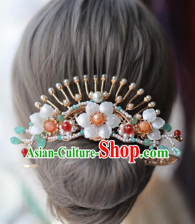 Handmade Chinese Tang Dynasty Pearls Hair Clip Traditional Classical Hanfu Hair Accessories Ancient Princess Shell Flower Hairpins for Women