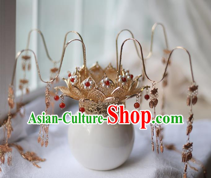 Chinese Classical Pearls Lotus Hair Crown Traditional Wedding Hanfu Hair Accessories Handmade Tassel Hairpins Complete Set