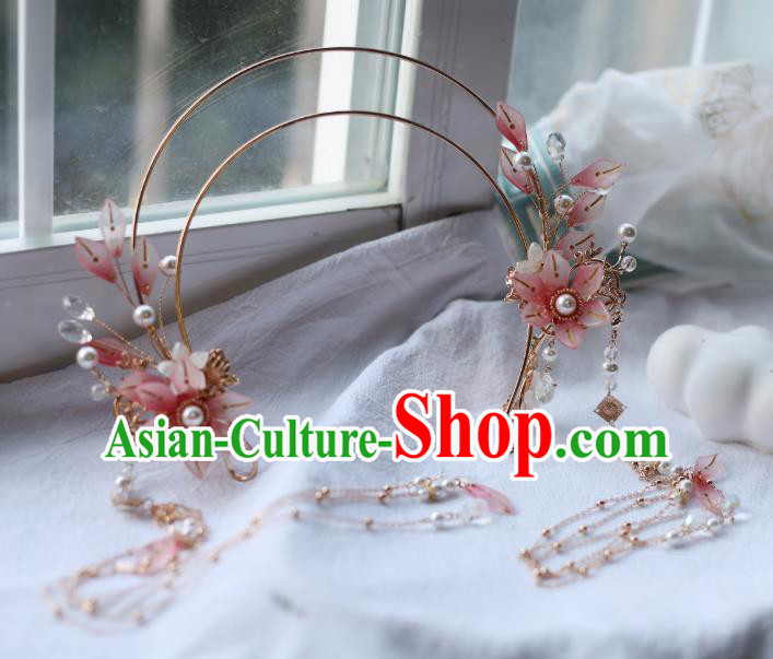 Chinese Classical Pink Flowers Hair Crown Traditional Hanfu Hair Accessories Handmade Tassel Hairpins Hair Clasp