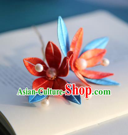 Handmade Chinese Red Silk Flowers Hairpins Traditional Classical Hair Accessories Ancient Princess Hair Clip for Women