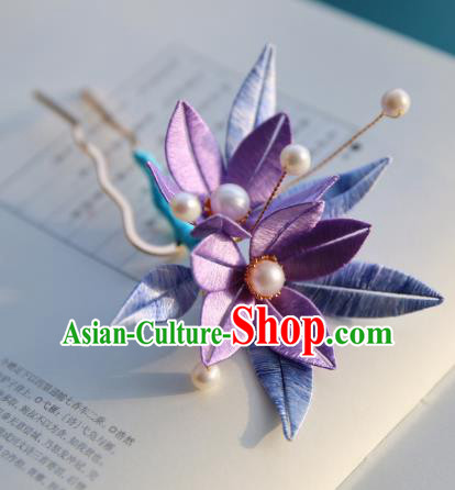 Handmade Chinese Purple Silk Flowers Hairpins Traditional Classical Hair Accessories Ancient Princess Hair Clip for Women