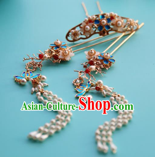 Chinese Classical Ming Dynasty Hair Crown Traditional Hanfu Hair Accessories Handmade Tassel Hairpins Complete Set for Women