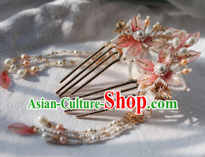 Handmade Chinese Pink Lotus Hair Combs Traditional Classical Hanfu Hair Accessories Ancient Princess Pearls Tassel Hairpins for Women