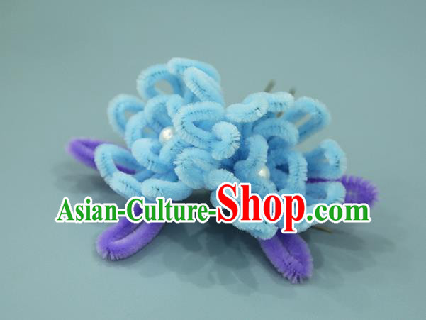 Handmade Chinese Qing Dynasty Blue Velvet Chrysanthemum Hairpins Traditional Classical Hair Accessories Ancient Imperial Consort Hair Clip for Women