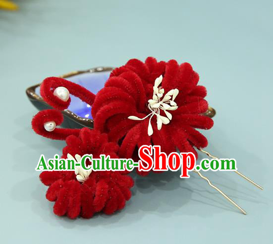 Handmade Chinese Qing Dynasty Red Velvet Chrysanthemum Hairpins Traditional Classical Hair Accessories Ancient Imperial Consort Hair Clip for Women