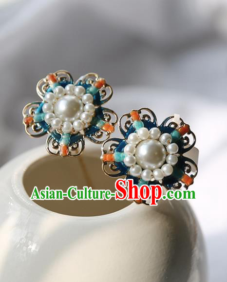 Handmade Chinese Court Blue Hair Clip Traditional Classical Hair Accessories Ancient Qing Dynasty Imperial Consort Pearls Hairpins for Women