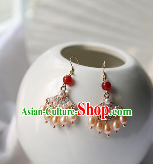 Traditional Chinese Handmade Golden Earrings Ancient Hanfu Court Pearls Tassel Ear Accessories for Women