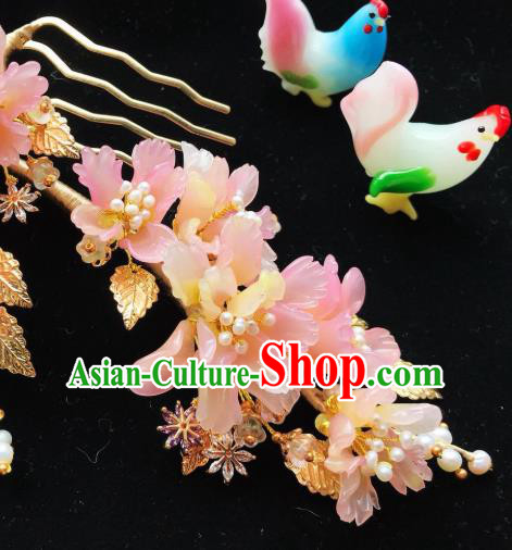 Handmade Chinese Court Pink Flowers Hair Clip Traditional Classical Hair Accessories Ancient Qing Dynasty Princess Hairpins for Women