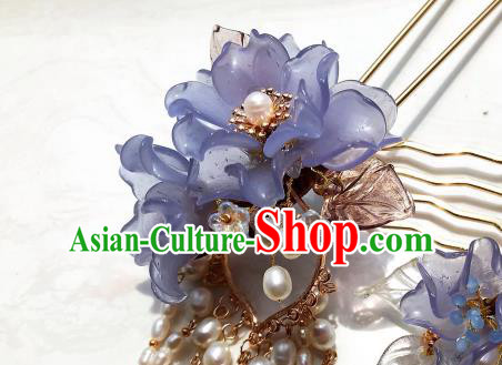 Handmade Chinese Court Purple Lotus Hairpins Traditional Classical Hair Accessories Ancient Qing Dynasty Princess Pearls Tassel Hair Clip for Women