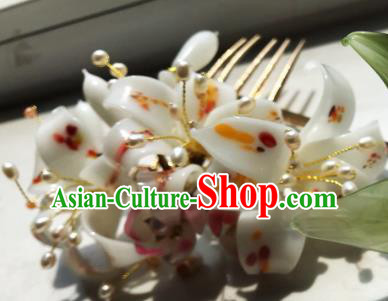 Handmade Chinese Court Princess Hairpins Traditional Classical Hair Accessories Ancient Qing Dynasty White Lily Flowers Hair Comb for Women