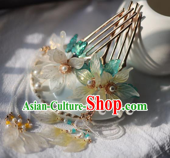 Handmade Chinese Flowers Tassel Hair Combs Traditional Classical Hanfu Hair Accessories Ancient Glass Hairpins for Women