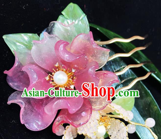 Handmade Chinese Court Beads Leaf Hairpins Traditional Classical Hair Accessories Ancient Qing Dynasty Pink Peony Hair Comb for Women