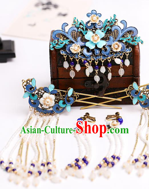 Chinese Classical Wedding Blue Hair Comb Traditional Hanfu Hair Accessories Handmade Bride Tassel Hairpins Complete Set