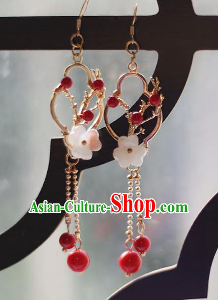 Traditional Chinese Handmade Plum Earrings Ancient Hanfu Red Beads Tassel Ear Accessories for Women