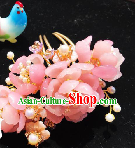 Handmade Chinese Court Pink Hair Comb Traditional Classical Hair Accessories Ancient Qing Dynasty Peony Hairpins for Women